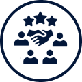 Icon of five people with handshake and three stars above.