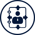 Icon of a flowchart with arrows and nodes in a circular design.