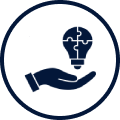 A hand holding a light bulb inside a circle symbol.